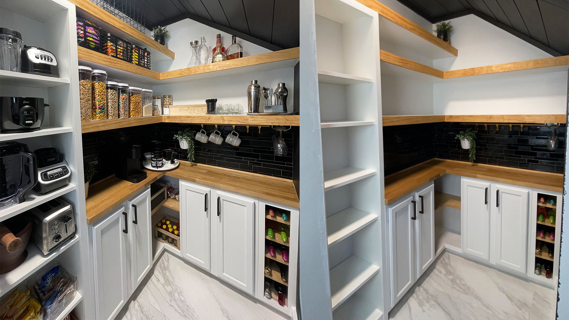 Appliance pantry formed of white shelving in a well stocked pantry space