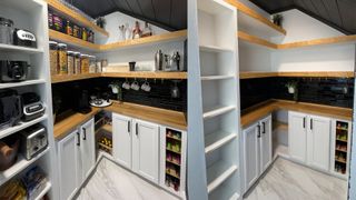Appliance pantry formed of white shelving in a well stocked pantry space