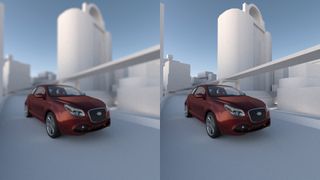 Pair of images of a car driving through a city scene