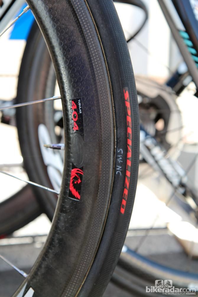 Specialized tubular tires are mounted to the Zipp carbon wheels of Omega Pharma-QuickStep.