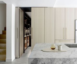 Roundhouse contemporary kitchen with hidden door into a pantry