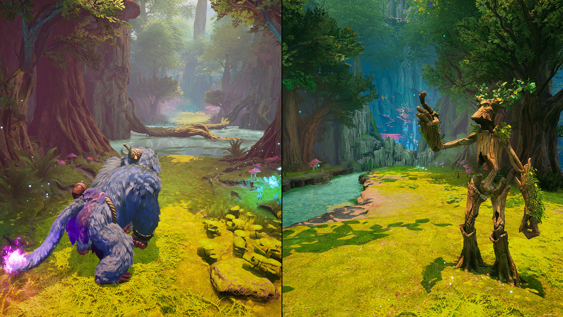 Side by side shots of a Split Fiction level where one character is a sentient tree and the other giant monkey