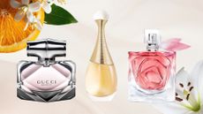 Lineup of three discounted designer perfumes in the Boots sale (L-R) from Gucci, Dior and Lancome, on a pink background with white lily and orange blossom pictures