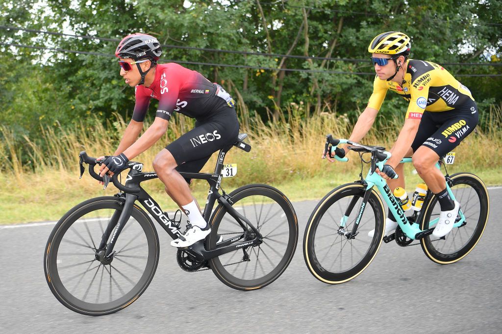 SAINT CHRISTO EN JAREZ FRANCE AUGUST 12 Egan Arley Bernal Gomez of Colombia and Team Ineos Wout Van Aert of Belgium and Team Jumbo Visma during the 72nd Criterium du Dauphine 2020 Stage 1 a 2185km stage from Clermont Ferrand to Saint Christo en Jarez 752m dauphine Dauphin on August 12 2020 in Saint Christo en Jarez France Photo by Justin SetterfieldGetty Images