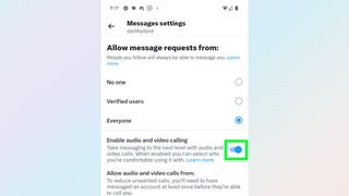 A screenshot of the Messages settings menu on Twitter/X with the 