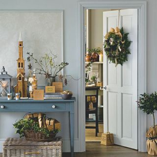 Rustic country hallway with Christmas wreath and decor