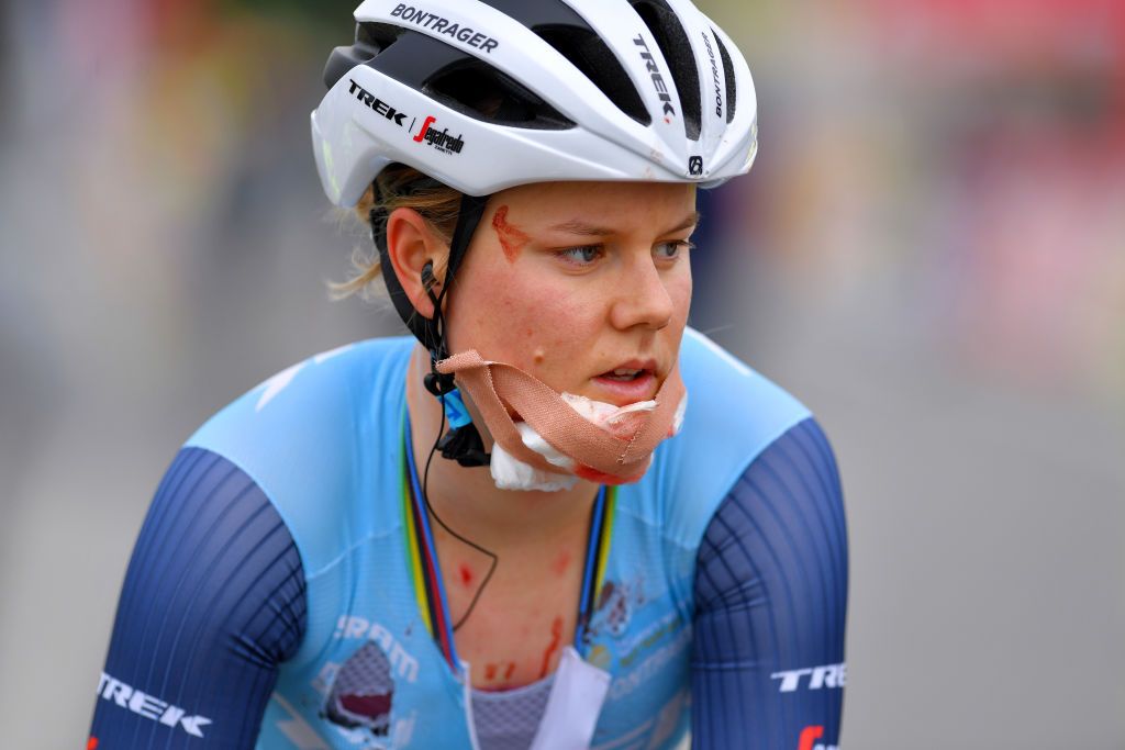 BRUGGE BELGIUM JUNE 23 Amalie Dideriksen of Denmark and Team Trek Segafredo at arrival involved in a crash during the 9th Lotto Belgium Tour 2021 Stage 1 a 1126km stage from Blankenberge to Bruges Injury LottoBelgTour LottoBelgiumTour on June 23 2021 in Brugge Belgium Photo by Luc ClaessenGetty Images