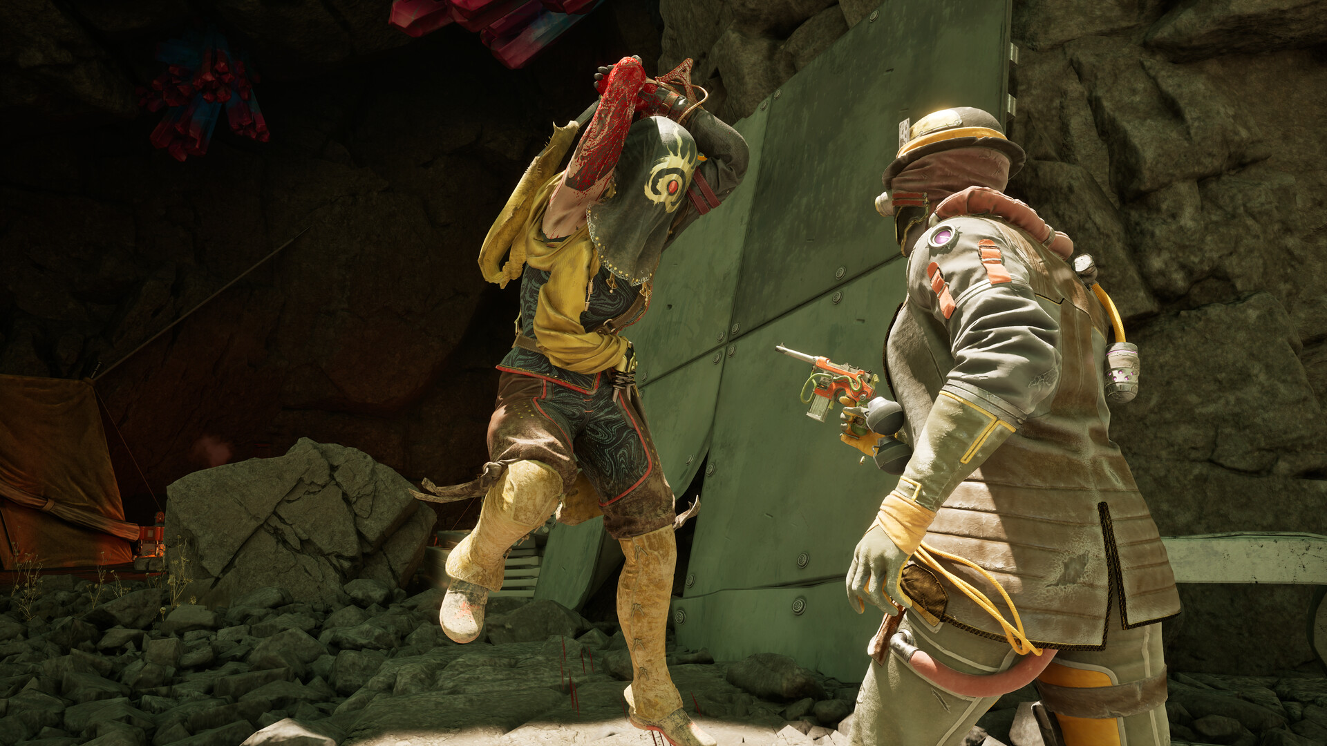 Screenshot from The Outer Worlds 2. A person jumped to attack another wielding a weapon over their head