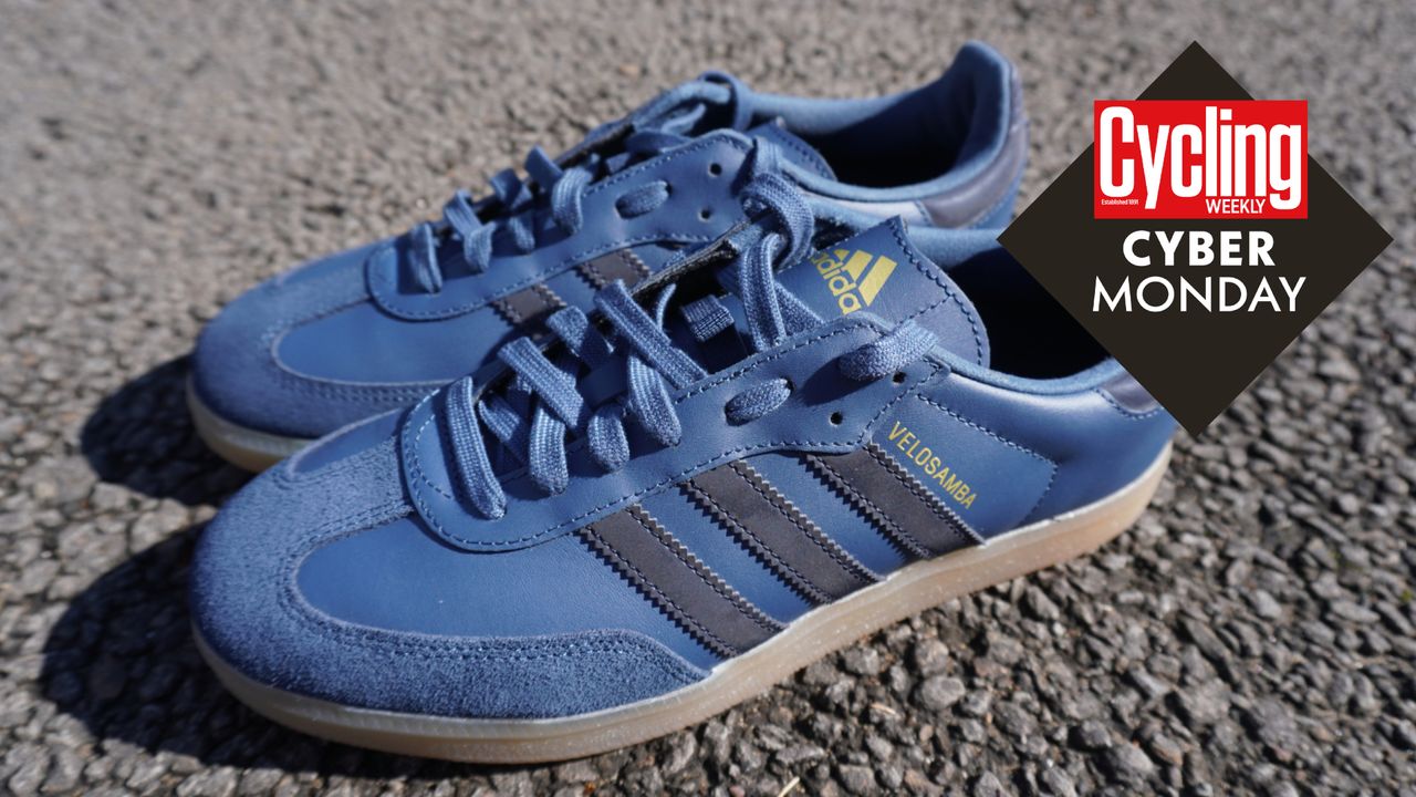 Adidas Velosamba cycling shoes on tarmac, with the Cycling Weekly Cyber Monday roundel