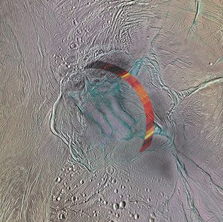 Shown in red is the 310-mile-long (500 kilometers) strip of land near the Saturn moon Enceladus' south pole. NASA's Cassini probe studied this feature with the probe's radar instrument during a November 2011 flyby. The snaking, bluish-green lines are Enceladus' "tiger stripe" fractures.
