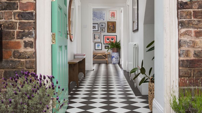 black and white diamond chequerboard tiled hallway flooring leading into house from mint green front door