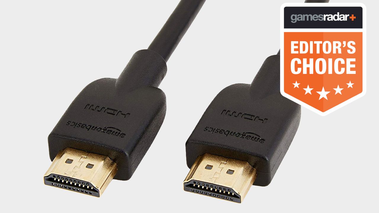 Both ends of Amazon Basics HDMI cable with grey backdrop.