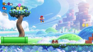 Mario in one of the first levels of Super Mario Bros Wonder in the mushroom kingdom