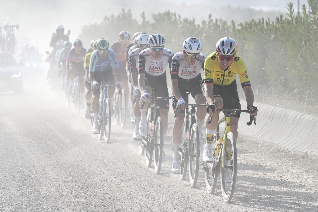 UBEDA SPAIN FEBRUARY 17 Wout Van Aert of Belgium and Team Visma Lease a Bike leads the chase group passing through a gravel strokes sector during the 4th Clasica Jaen Paraiso Interior 2025 a 1692km one day race from Ubeda to Ubeda on February 17 2025 in Ubeda Spain Photo by Tim de WaeleGetty Images