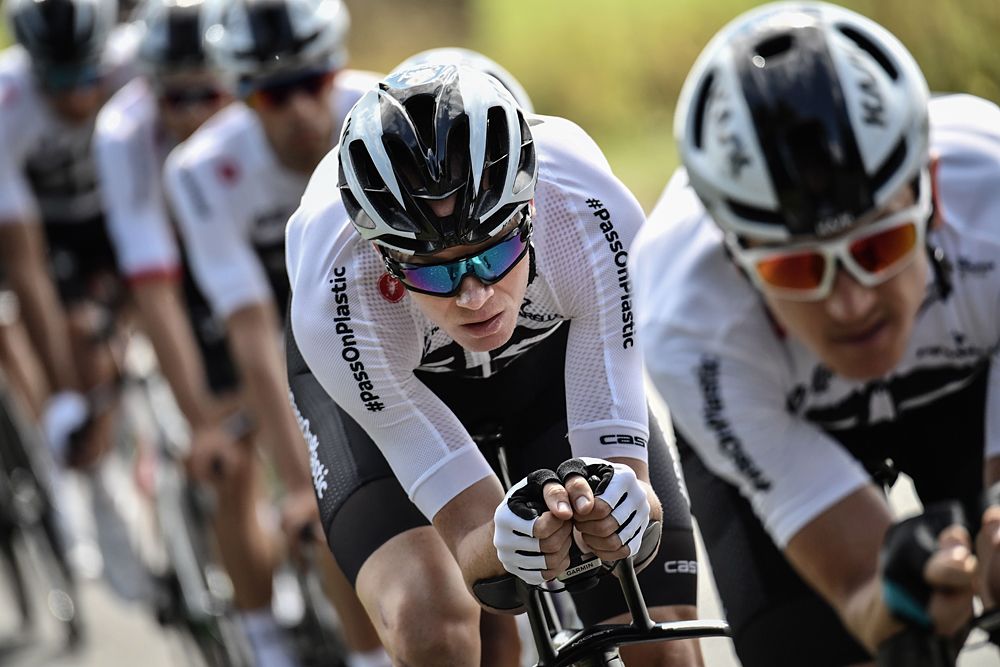 Team Sky head out for a training ride on their time trial bikes wearing new Sky Ocean Rescue kits ahead of the Tour de France