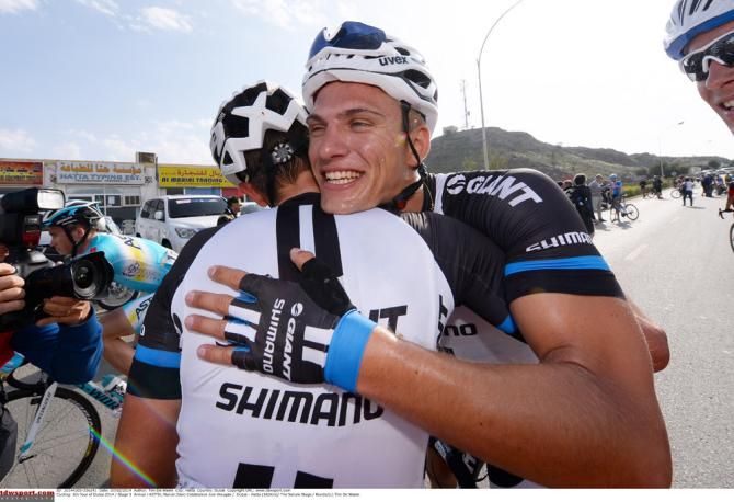 Marcel Kittel celebrates his second stage victory in Dubai with his Giant-Shimano teammates