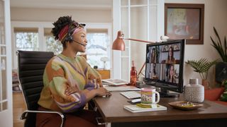 Woman on video conference using Poly Studio P5