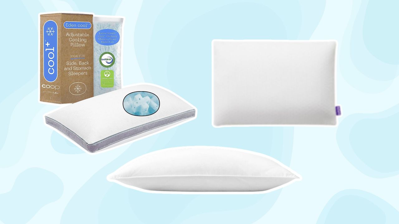 Best cooling pillows on blue background with all three pillows, one in a box, with a white outline