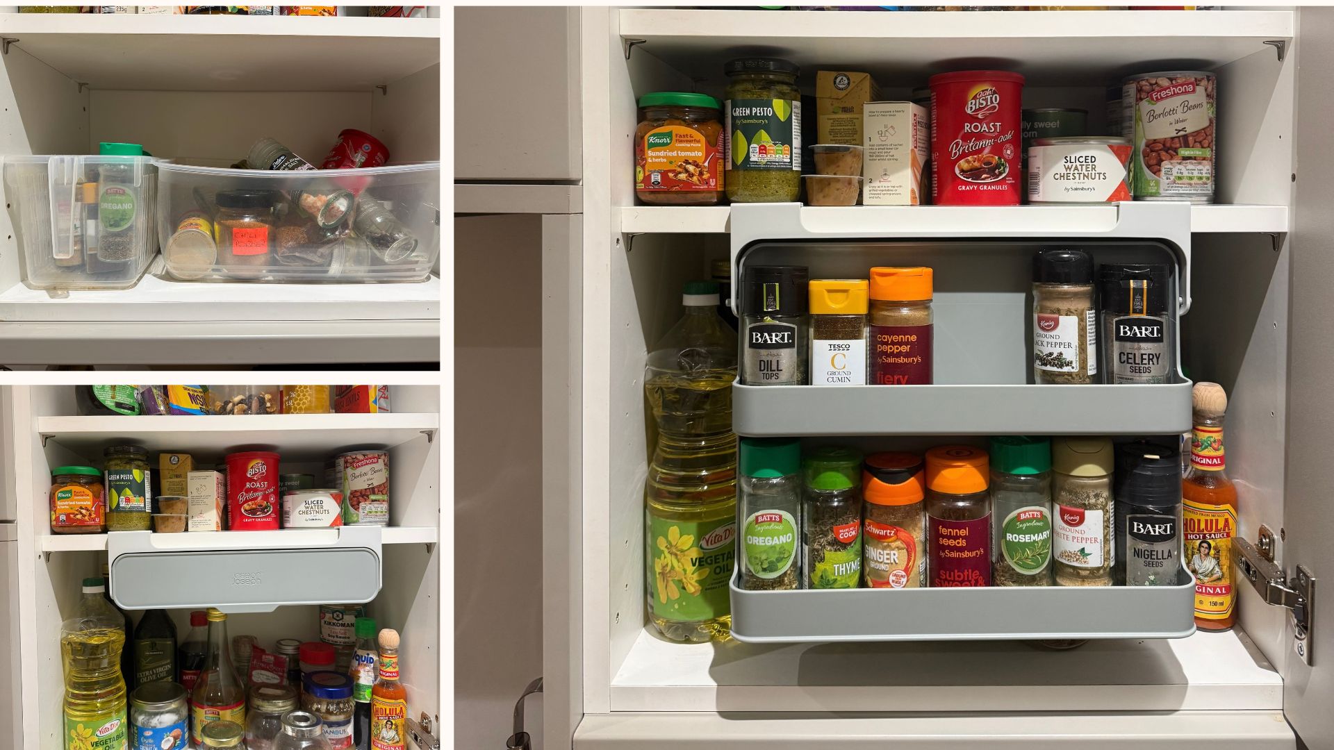 split image inside a kitchen cupboard where tubs of spice racks are replaced by the new Joseph Joseph spice rack