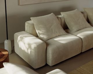 white, textured sofa in living room