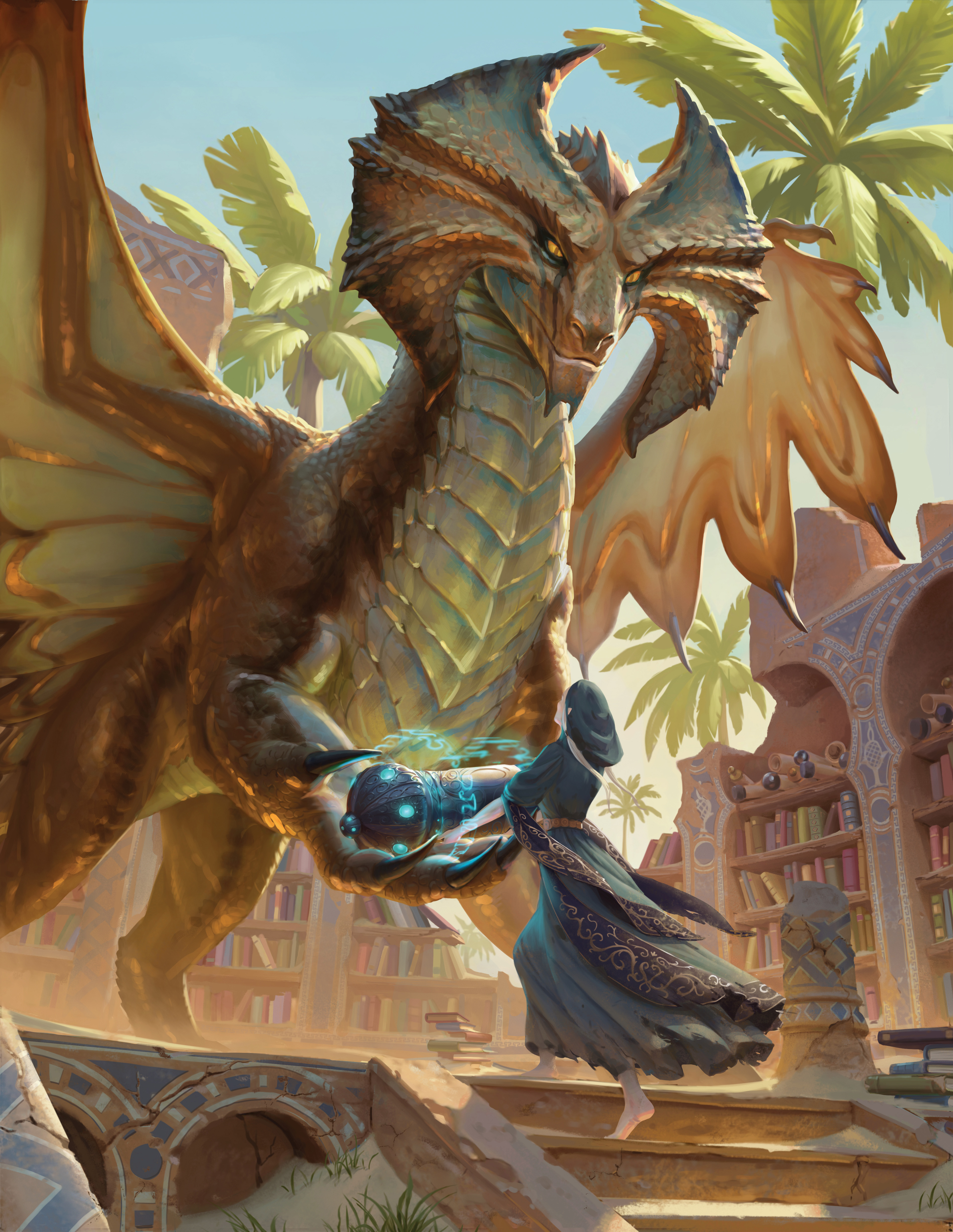 A gold dragon hands over a magical object to a robed individual in a desert environment