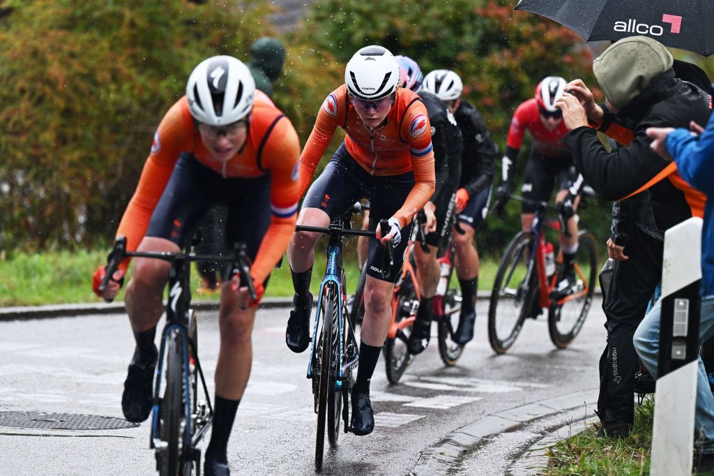 Puck Pieterse racing to an under-23 rainbow jersey for the Netherlands at the 2024 UCI Road World Championships in Zurich