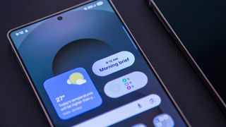 Angled view of Morning Brief widget on Galaxy S25 Ultra home screen