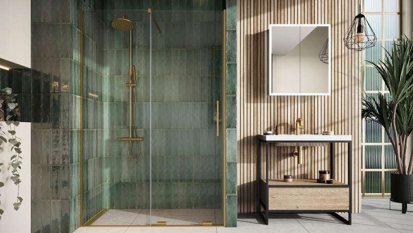 Shower room with green tiles, gold accents and wooden panelled wall