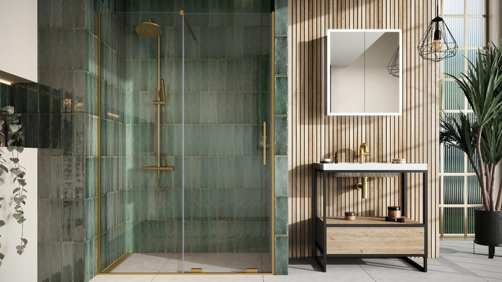 Shower room with green tiles, gold accents and wooden panelled wall