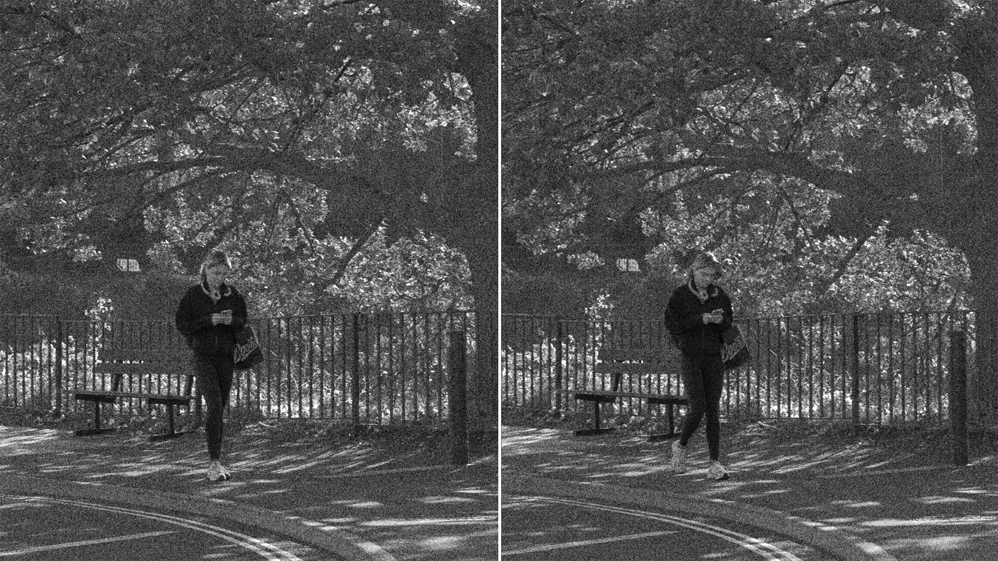 Two almost identical black and white street photographs side by side showing person walking by tree