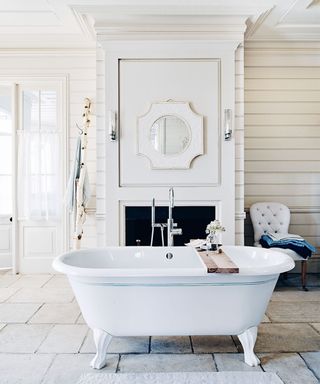 Panelling ideas for walls with white bathroom and freestanding bath