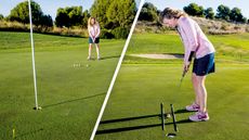 Golf Monthly Top 50 Coach Katie Dawkins demonstrating a couple of putting games that can help to avoid boredom on the practice green