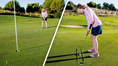 Golf Monthly Top 50 Coach Katie Dawkins demonstrating a couple of putting games that can help to avoid boredom on the practice green