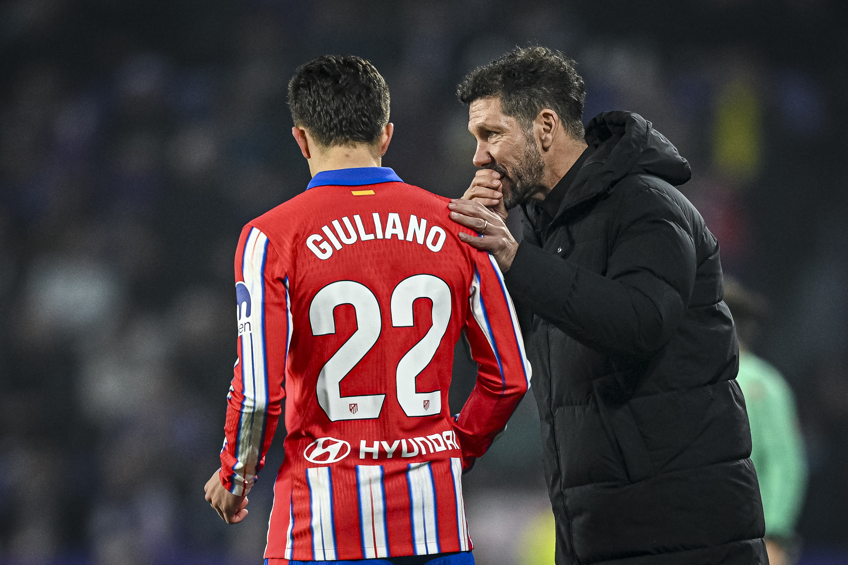 Diego Simeone gives instructions to son Giuliano during Atletico Madrid's game against Real Valladolid in November 2024.