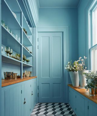 Benjamin Moore Tranquil Blue on Walls, Trim, Cabinetry and Ceiling of a mudroom