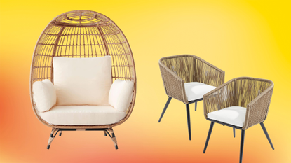 egg chair and two wicker dining chairs