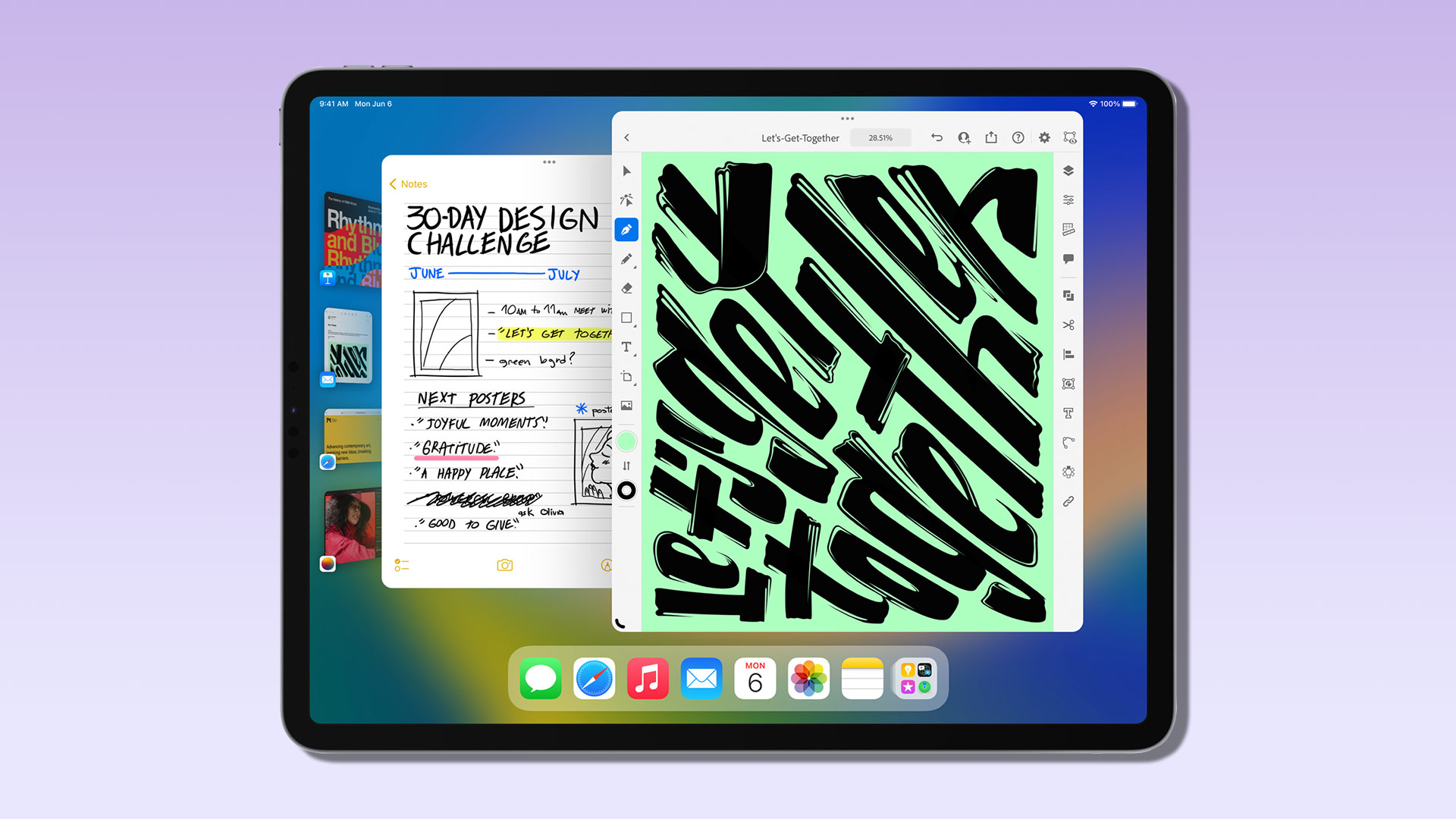iPadOS 16 on iPad shows Create Stage Manager with nested windows of different sizes