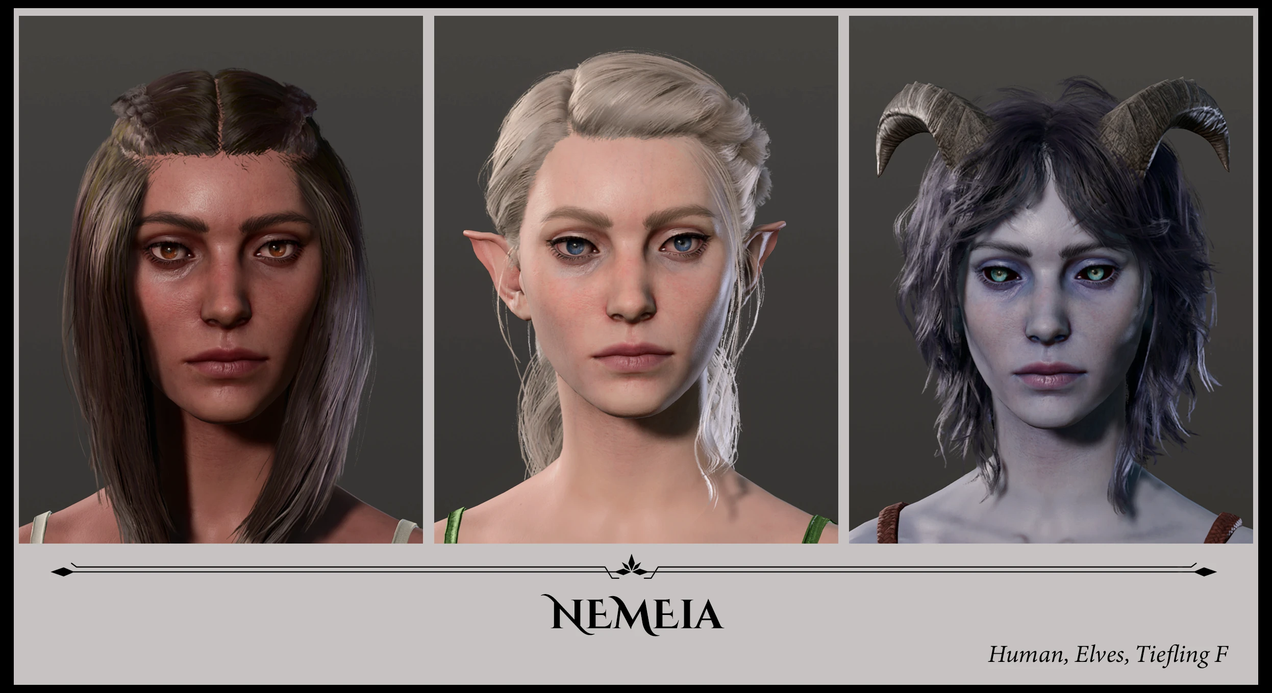 Aloija's Faces of Faerun mod showing off three different faces to be used in Baldur's Gate 3's character creator