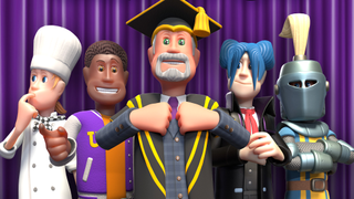 A group of Two Point Campus characters standing in front of a curtain