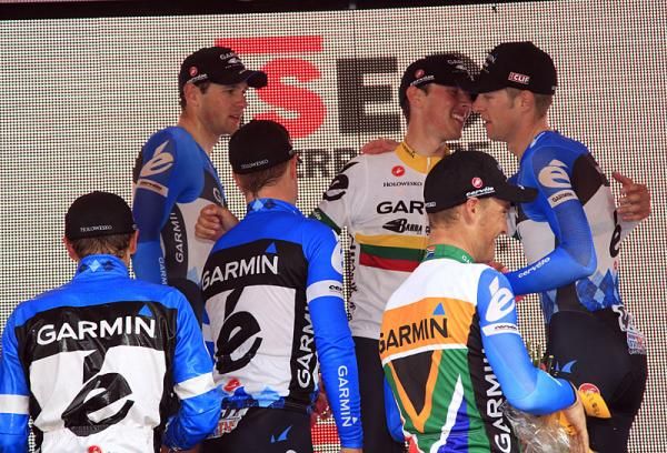 Garmin-Barracuda riders congratulate each other