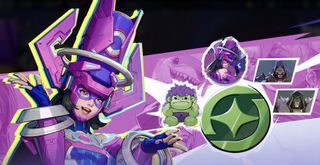 Galacta poses beside a host of reward cosmetics including Dr Doom Nameplates, a Galacta Spray, and A Hulk emote 