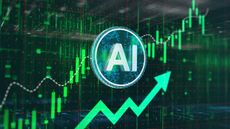 Green stock market candlestick chart with rising green arrow and AI encircled in the middle.
