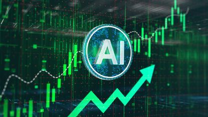 Green stock market candlestick chart with rising green arrow and AI encircled in the middle.