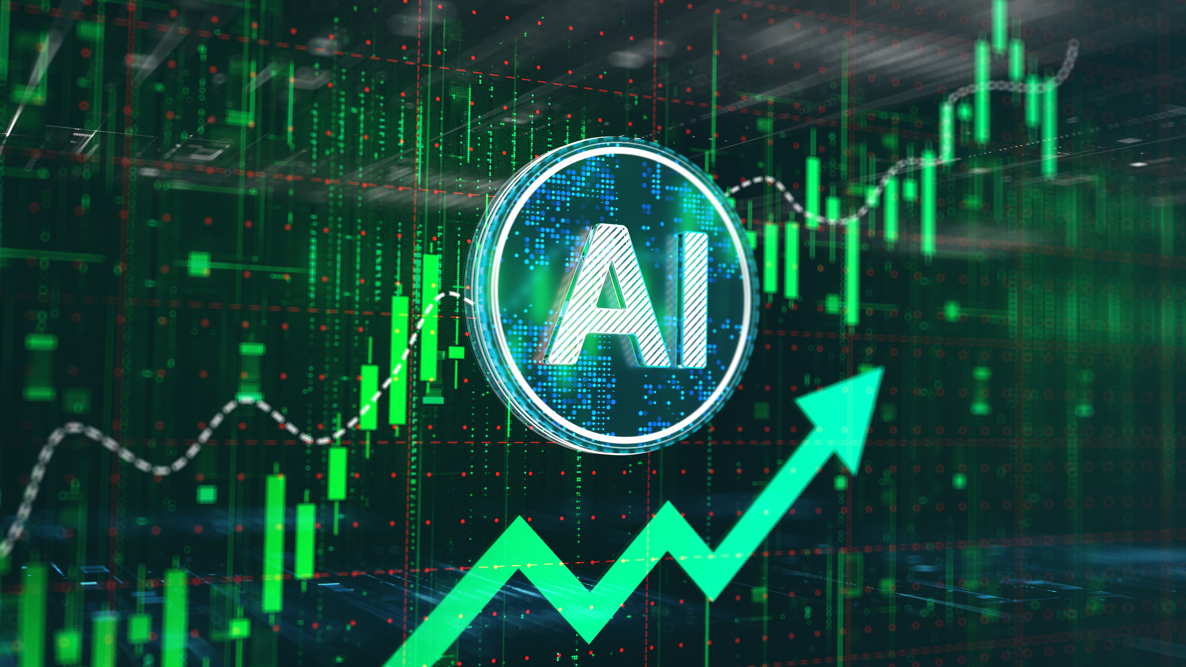 Green stock market candlestick chart with rising green arrow and AI encircled in the middle.