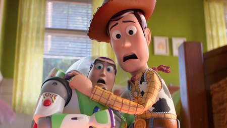 Buzz and Woody looking terrified in Toy Story 5 teaser trailer