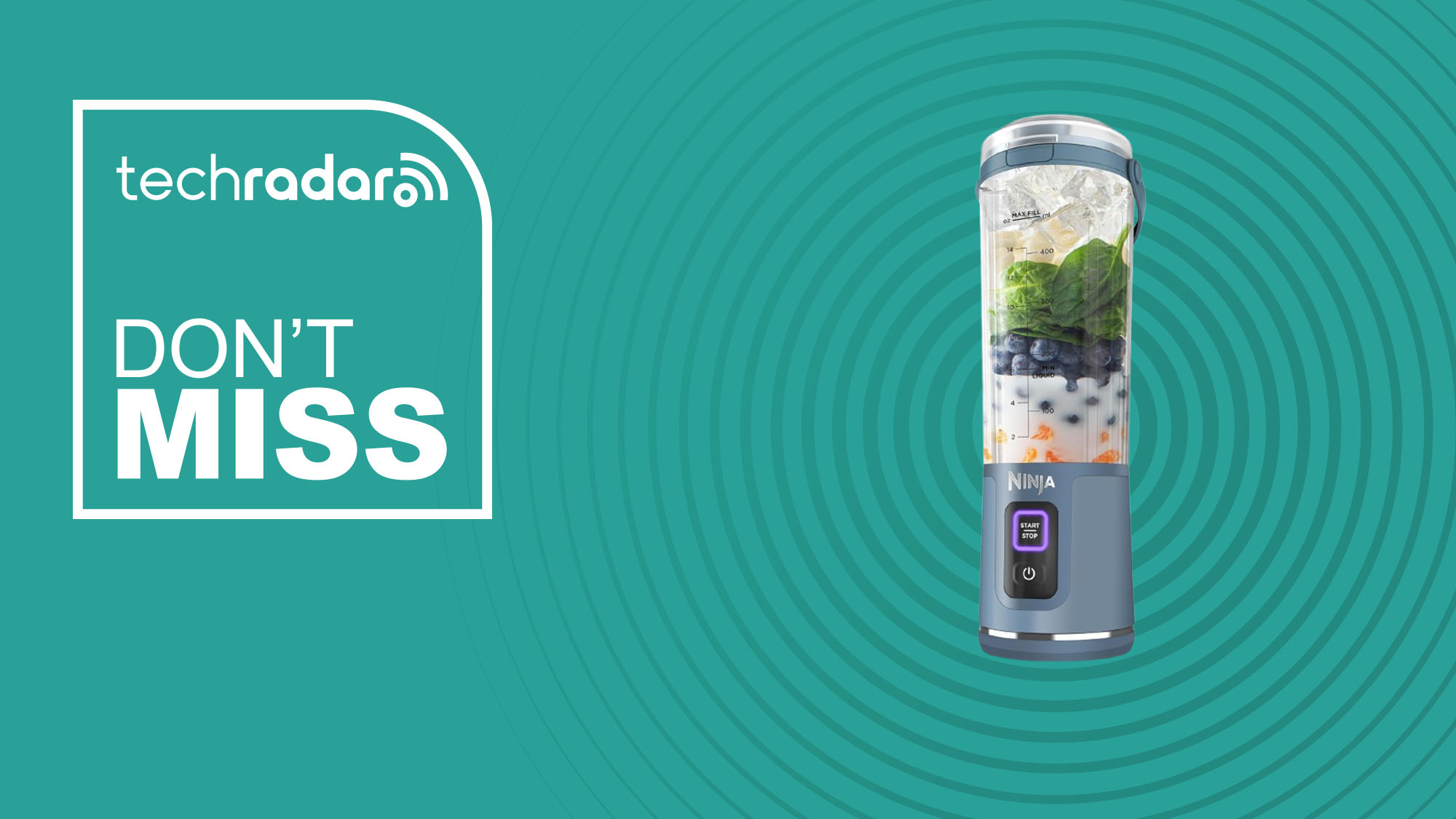 The Ninja Blast Portable Blender on a blue background with text saying Don't Miss.
