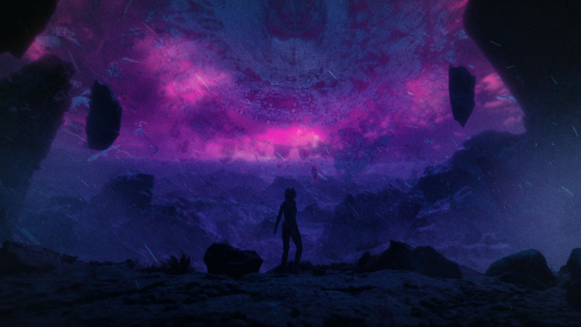 An astronaut in a spacesuit on an alien world with a pink and purple maelstrom in the sky.