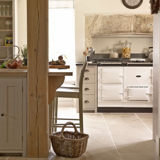 kitchen with wooden basket glass jar and cream coloured wall