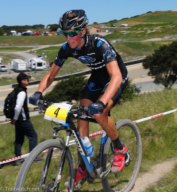 Sam Schultz (Subaru Trek) riding with the leaders