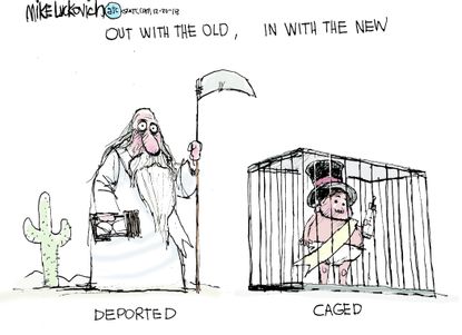 Political cartoon U.S. Trump family separation border wall new years
